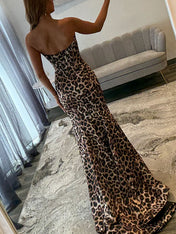 Leopard Print Beaded Sweetheart Mermaid Prom Dress with Corset Bodice