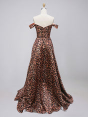 Leopard Print Satin Off-the-Shoulder A-Line Prom Dress with Corset Bodice