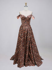 Leopard Print Satin Off-the-Shoulder A-Line Prom Dress with Corset Bodice
