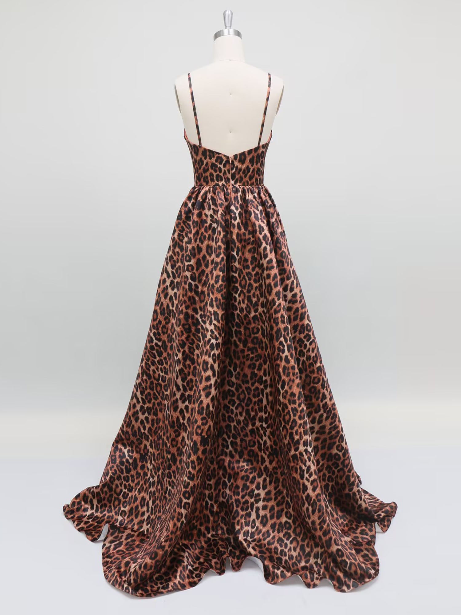 Leopard Print Spaghetti Straps Satin A-Line Long Prom Dress
