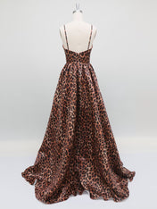 Leopard Print Spaghetti Straps Satin A-Line Long Prom Dress