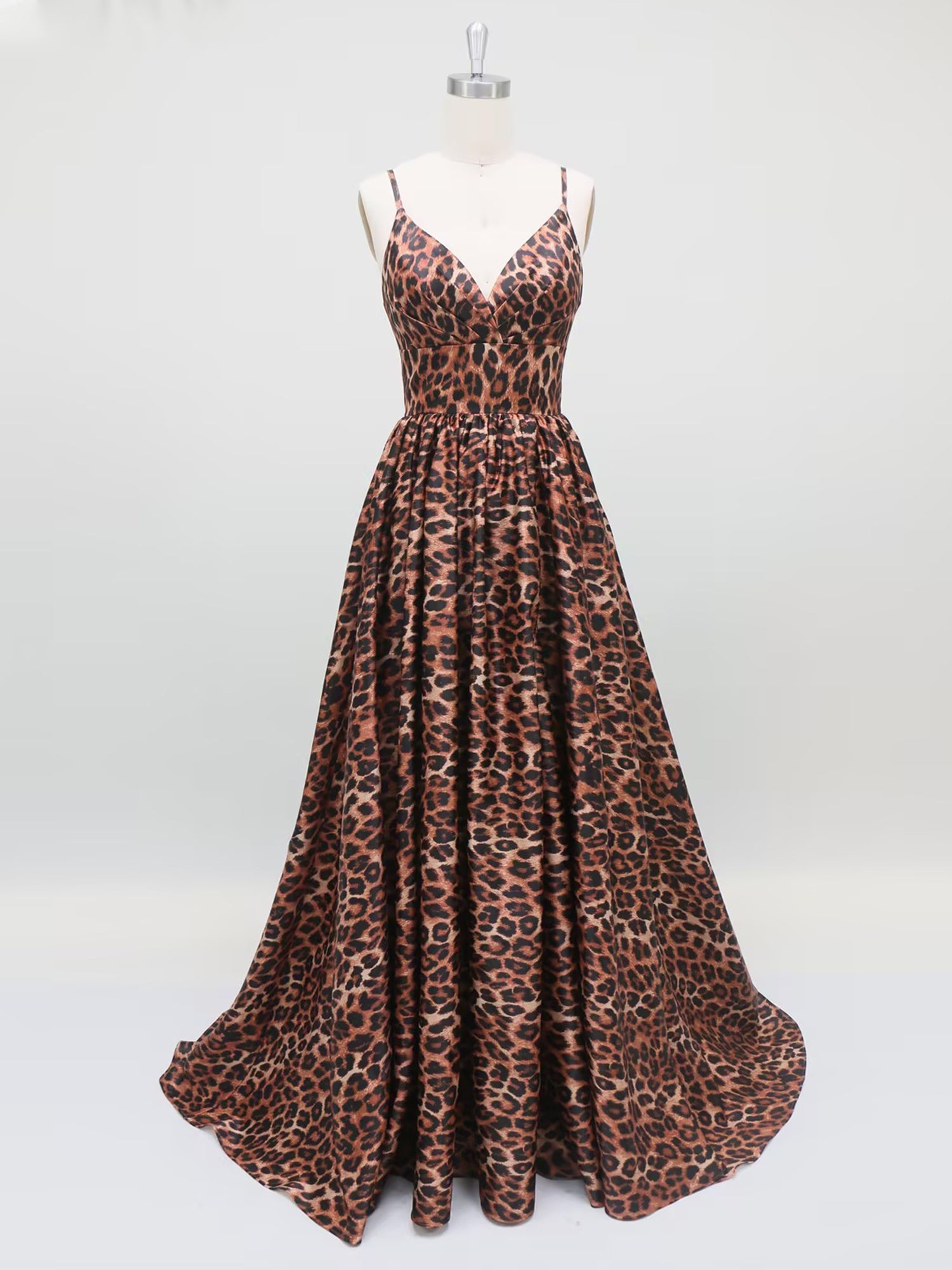 Leopard Print Spaghetti Straps Satin A-Line Long Prom Dress