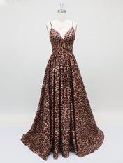 Leopard Print Spaghetti Straps Satin A-Line Long Prom Dress