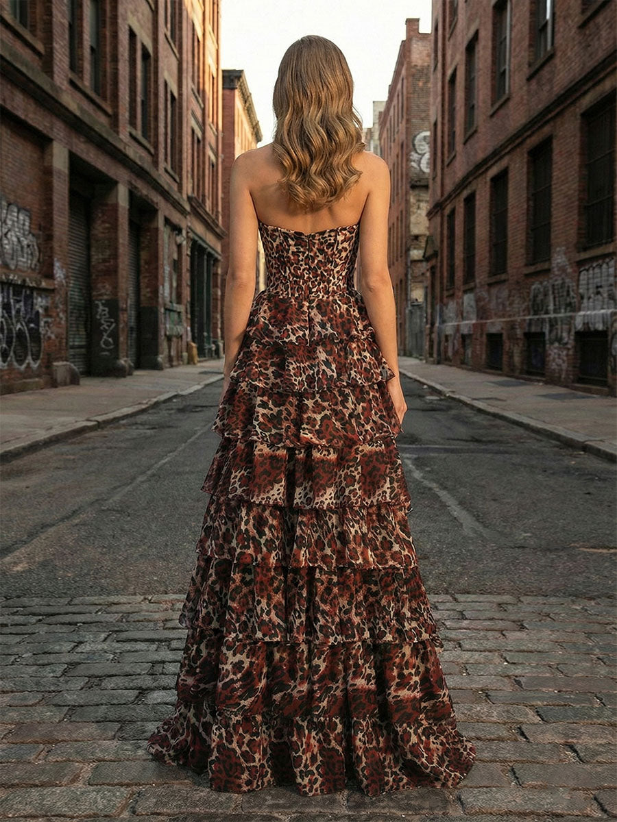 Leopard Print Strapless A-Line Tiered Ruffles Prom Dress with Lace Trim