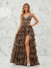Leopard Print Tiered Ruffle A-Line Prom Dress with Cutouts