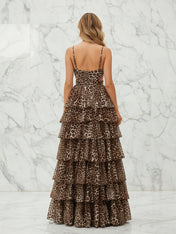 Leopard Print Tiered Ruffle A-Line Prom Dress with Cutouts