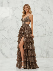 Leopard Print Tiered Ruffle A-Line Prom Dress with Cutouts