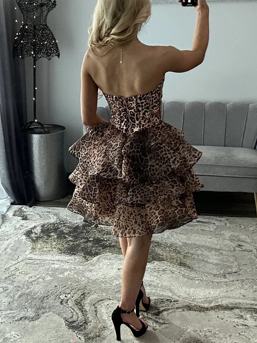 Leopard Print Corset A Line Short Floral Homecoming Dress with Beading