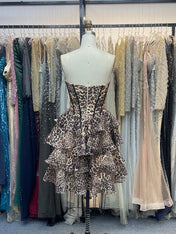 Leopard Print Strapless A Line Short Floral Homecoming Dress with Beading