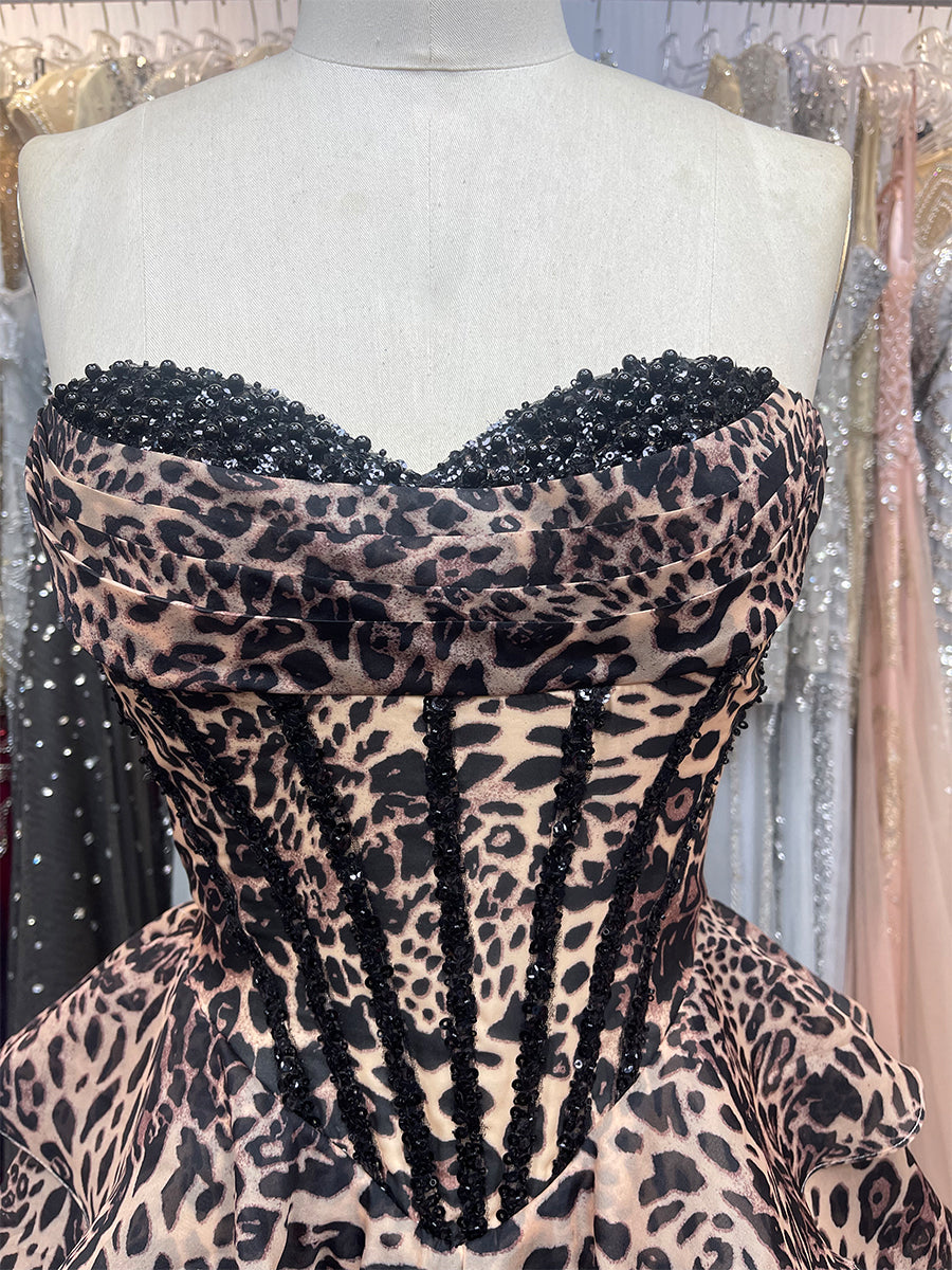 Leopard Print Corset A Line Short Floral Homecoming Dress with Beading