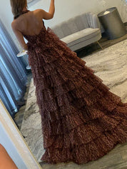 Leopard Print Tiered Ruffle Halter Long Prom Dress