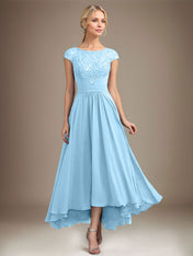 A-line Scoop Illusion Asymmetrical Lace Chiffon Mother of the Bride Dress With Pleated