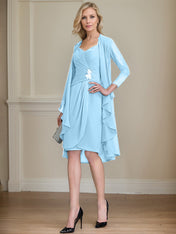 Sheath/Column Sweetheart Knee-Length Chiffon Mother of the Bride Dress With Beading Appliques Lace Sequins Pleated