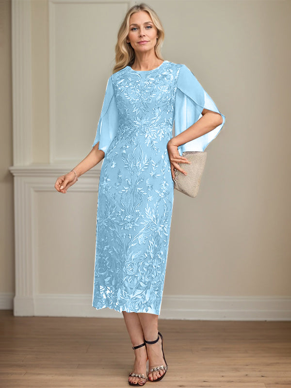 Column Scoop Tea-Length Lace Chiffon Mother of the Bride Dress
