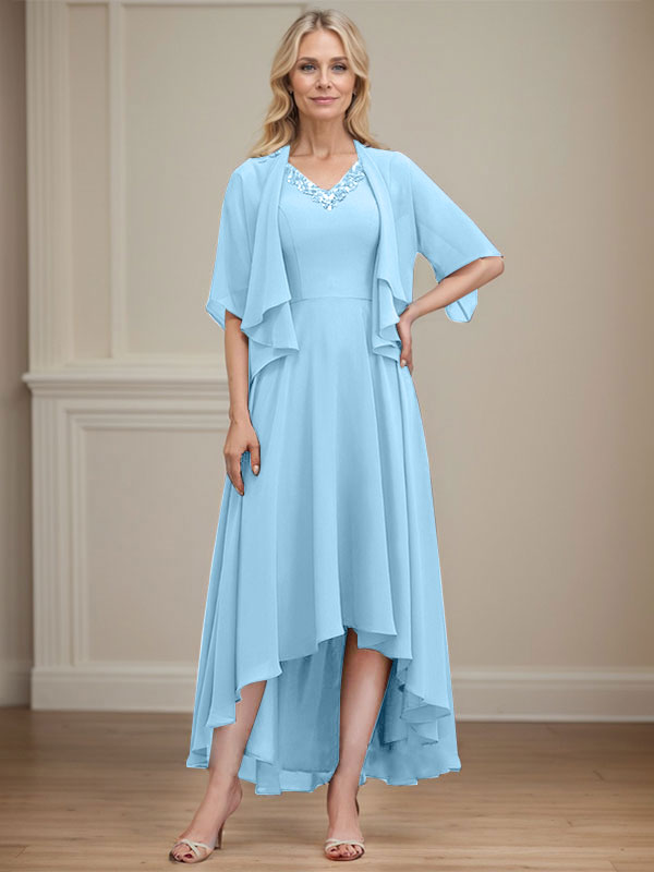 A-line V-Neck Asymmetrical Chiffon Mother of the Bride Dress With Beading Sequins