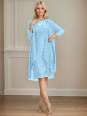 Sheath/Column Scoop Illusion Knee-Length Lace Chiffon Mother of the Bride Dress With Cascading Ruffles Sequins