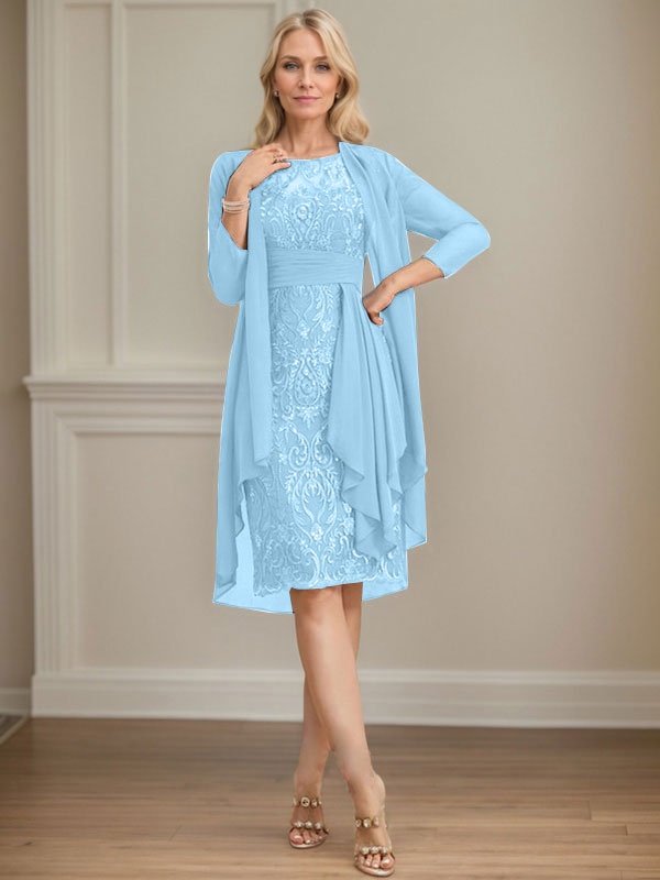 Column Scoop Illusion Knee-Length Lace Chiffon Mother of the Bride Dress With Cascading Ruffles Sequins