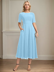 A-line Scoop Tea-Length Chiffon Mother of the Bride Dress With Appliques Lace Sequins