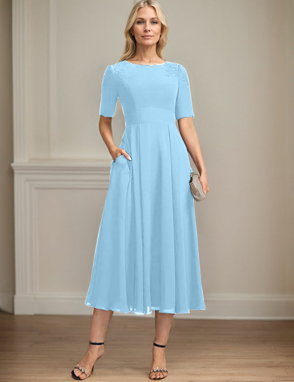 A-line Scoop Tea-Length Chiffon Mother of the Bride Dress With Appliques Lace Sequins