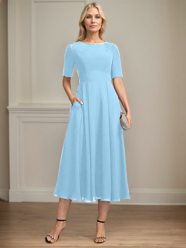 A-line Scoop Tea-Length Chiffon Mother of the Bride Dress With Appliques Lace Sequins