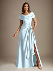 A-Line Scoop Floor-Length Stretch Satin Mother of the Bride Dress With Cascading Ruffles