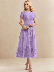 A-line Scoop Tea-Length Tulle Lace Mother of the Bride Dress