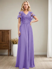 A-line V-Neck Floor-Length Lace Chiffon Mother of the Bride Dress With Sequins