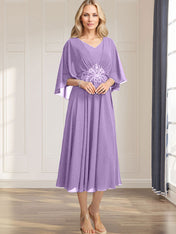 A-line V-Neck Tea-Length Chiffon Mother of the Bride Dress With Pleated Sequins Appliques Lace Beadind