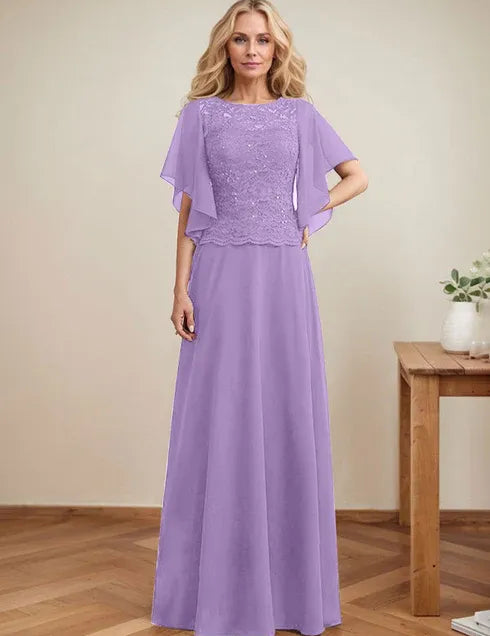 A-line Scoop Illusion Floor-Length Lace Chiffon Mother of the Bride Dress With Sequins