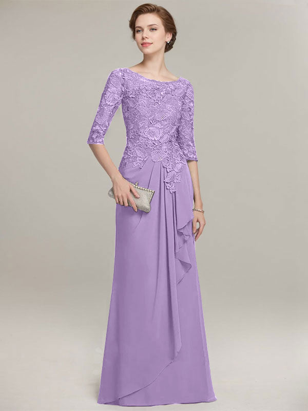 A-line Scoop Illusion Floor-Length Lace Chiffon Mother of the Bride Dress With Cascading Ruffles