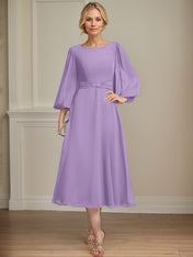 A-line Scoop Tea-Length Chiffon Mother of the Bride Dress With Crystal Brooch Pleated
