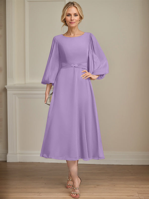 A-line Scoop Tea-Length Chiffon Mother of the Bride Dress With Crystal Brooch Pleated