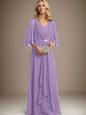 A-line V-Neck Floor-Length Chiffon Mother of the Bride Dress With Cascading Ruffles Crystal Brooch