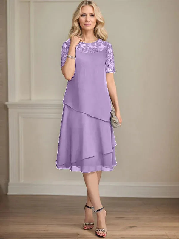 A-line Scoop Illusion Knee-Length Lace Chiffon Mother of the Bride Dress With Sequins