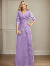 A-line Collared V-Neck Floor-Length Lace Chiffon Mother of the Bride Dress With Sequins Cascading Ruffles