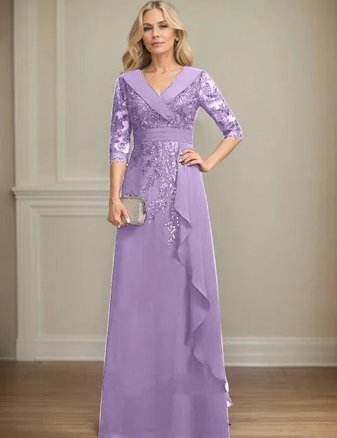 Robe de mère de la mariée trapèze, col en V, longueur au sol, en mousseline de soie et dentelle, avec volants en cascade et paillettes 