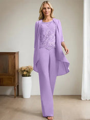 Separates Jumpsuit/Pantsuit Scoop Floor-Length Chiffon Lace Mother of the Bride Dress With Beading Sequins