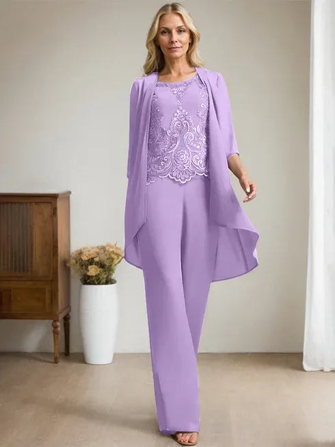 Pantsuit Scoop Floor-Length Chiffon Lace Mother of the Bride Dress With Beading Sequins