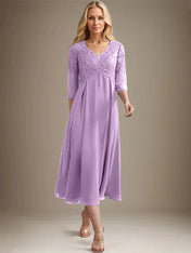 A-line V-Neck Tea-Length Chiffon Lace Mother of the Bride Dress With Beading