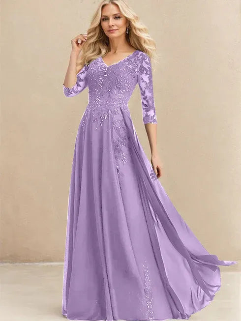 A-line V-Neck Floor-Length Lace Chiffon Mother of the Bride Dress With Sequins