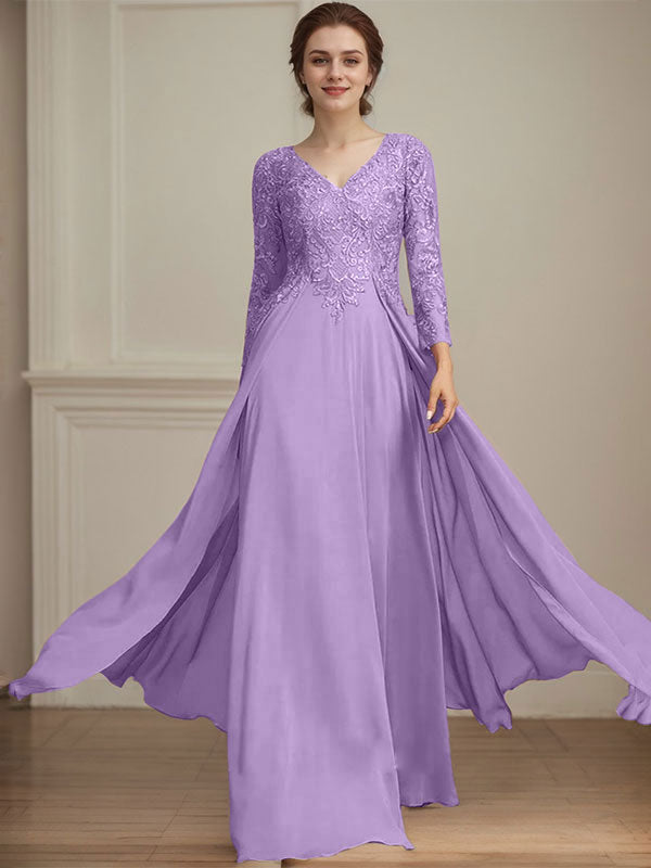 A-line V-Neck Floor-Length Lace Chiffon Mother of the Bride Dress With Sequins
