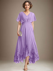 A-line V-Neck Asymmetrical Lace Chiffon Mother of the Bride Dress With Pleated