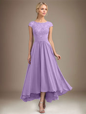 A-line Scoop Illusion Asymmetrical Lace Chiffon Mother of the Bride Dress With Pleated
