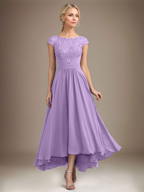 A-line Scoop Illusion Asymmetrical Lace Chiffon Mother of the Bride Dress With Pleated