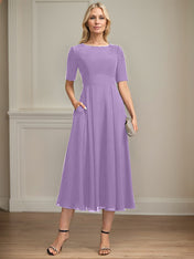 A-line Scoop Tea-Length Chiffon Mother of the Bride Dress With Appliques Lace Sequins