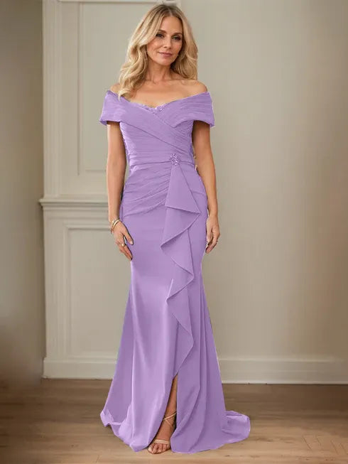 Column V-Neck Illusion Floor-Length Lace Chiffon Mother of the Bride Dress With Pleated Sequins