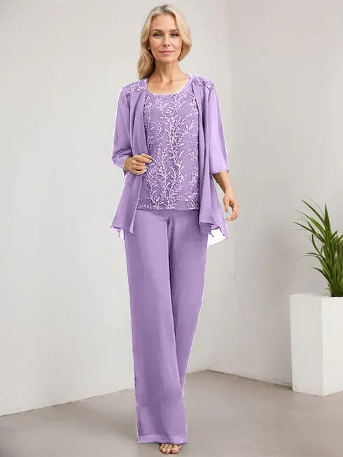 Pantsuit Scoop Floor-Length Lace Chiffon Mother of the Bride Dress With Sequins