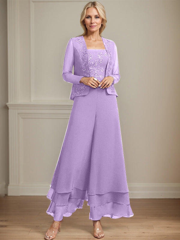 Robe de mère de la mariée en mousseline de soie, longueur cheville, avec sequins, combinaison/tailleur carré 