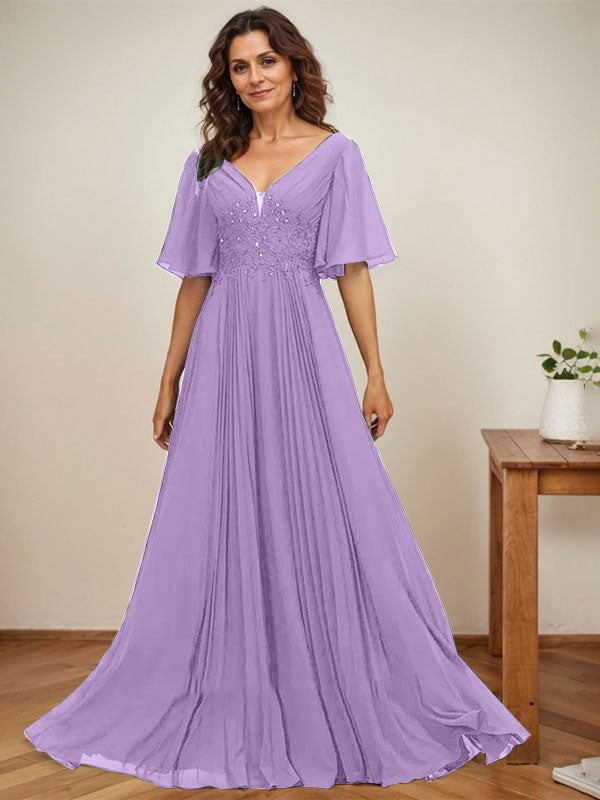 A-line V-Neck Floor-Length Chiffon Mother of the Bride Dress With Sequins Appliques Lace Pleated
