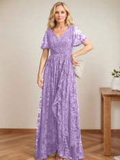 A-Line V-Neck Asymmetrical Lace Mother of the Bride Dress With Cascading Ruffles